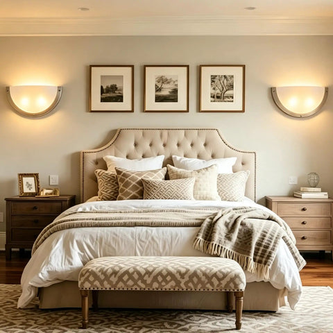 Lifora Hay 2-Light Indoor Wall Sconce 16 inch, Half Moon Wall Light Fixture illuminating a cozy bedroom decor with stylish bedding.