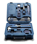 Open case displaying All In One Home Tool Kit with hammer, ratchet screwdriver, Allen keys, wrench, utility knife, tape measure, level, pliers, and phone holder.