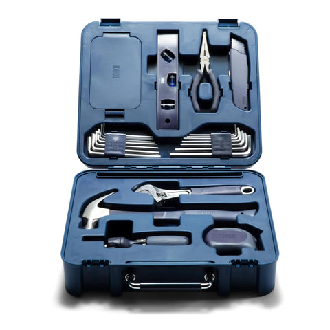 Open case displaying All In One Home Tool Kit with hammer, ratchet screwdriver, Allen keys, wrench, utility knife, tape measure, level, pliers, and phone holder.