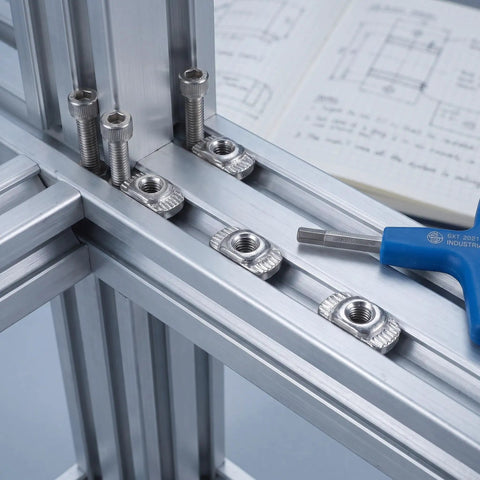 Hella Sturdy 150 Piece Sliding T Nut Set M3 Hammer Head T Slot Hardware Drop In Fasteners in use on aluminum extrusion frame.