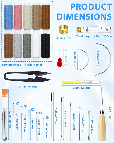 Product dimensions of Heavy Duty Upholstery Repair Sewing Kit With Leather Needles Awl Seam Ripper 47 Piece Craft DIY Set For Car Seats Sofa Backpack Shoes 10 Color Threads.