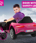 Child sitting in a 12V Licensed Kids Ride On Electric Car With Remote Control, Pink Battery Powered Toddler Roadster with safety lock shown.