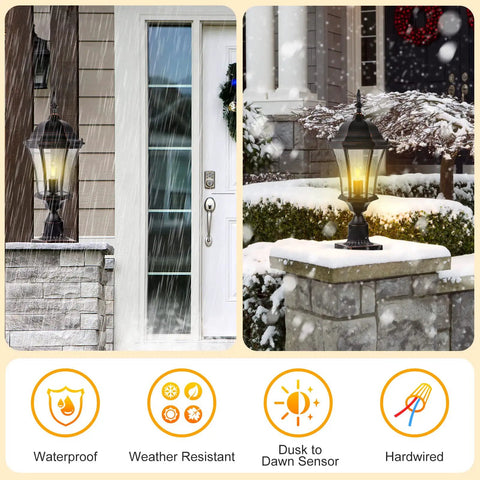 Outdoor Dusk To Dawn Post Light Lantern, 20 Inch High Bronze Lamp Post with Pier Mount in snowy garden setting