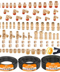 Front view: Assorted brass DOT air line fittings kit with three 50 ft hoses (1/4, 3/8, 1/2 in) and a crimping tool