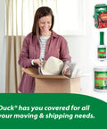 Woman packing box with heavy duty clear packing tape for moving jobs, featuring Duck brand packaging products.