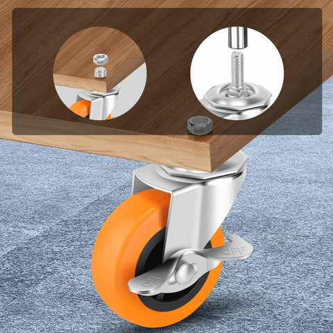 Installed 3-inch orange polyurethane swivel caster with brake, threaded 3/8-16 stem, under wooden furniture