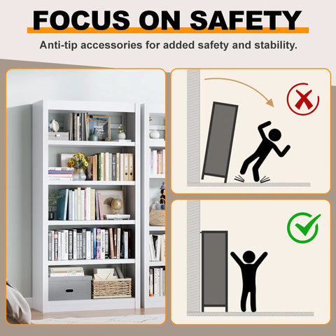 Beefy 5-Tier Metal Bookshelf With Adjustable Shelves, 69 Inch Tall, showcasing anti-tip safety features.