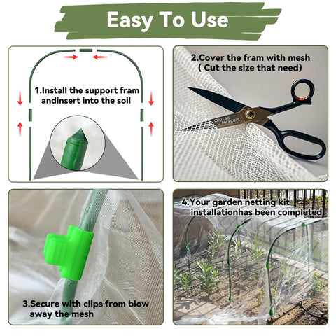 All In One Garden Mesh Netting Kit For Raised Beds With Ultra Fine Plant Netting, Six Wide Hoops, Twelve Clips, And Row Cover To Shield Veggies, Fruits, And Flowers From Birds And Bugs In Your Yard