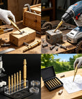 Premium 6-Piece Screw Extractor Kit Made From Tough HSS Steel To Fix Stripped Bolts, Damaged Screws, And Nuts For Daily Repairs And Heavy Auto Jobs Without Hassle, six gold extractors on workbench