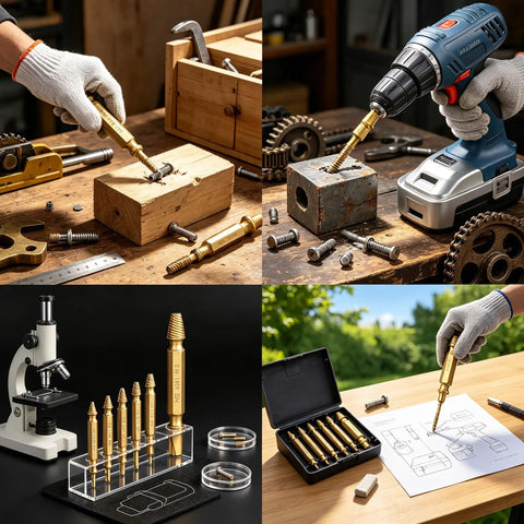 Premium 6-Piece Screw Extractor Kit Made From Tough HSS Steel To Fix Stripped Bolts, Damaged Screws, And Nuts For Daily Repairs And Heavy Auto Jobs Without Hassle, six gold extractors on workbench