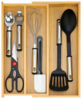 Expandable Bamboo Silverware Drawer Organizer Tray For Kitchen Utensils And Cutlery Wooden Flatware Holder Adjustable Drawer Divider Spoon And Utensil Storage Solution To Tidy Up Wide Or Narrow Drawers with utensils neatly arranged inside.