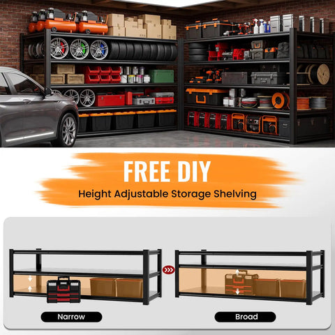 Heavy Duty Garage Shelving Units With Built Tough Storage Rack And Beefed Up Black Metal Frame For Garages And Workshops Supporting 5000 Lbs Load Across Five Rock Solid Tiers, featuring organized tools and tires.