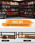 Heavy Duty Garage Shelving Rack 5 Tier Steel Storage Shelves 6000 Pounds Capacity in a garage with tools and tires.