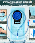 Hydration Backpack With 2L Water Bladder showing large opening, leakproof bite valve and fill instructions.