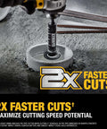 DEWALT PVC pipe cutter bit on an impact driver cutting a PVC pipe, close-up