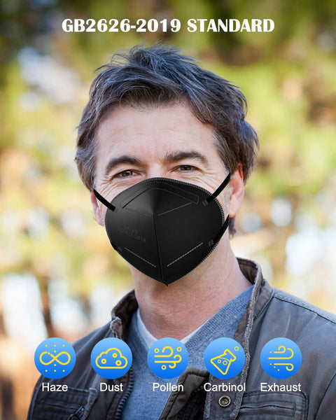 Man wearing KN95 Face Mask 5-Ply Protective Respirator, Bulk 30 Pack Disposable Masks For PM2.5, black, outdoor setting