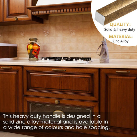 Antique Brass Zinc Alloy Cabinet Pulls 3 Inch Hole Center 76mm shown on kitchen cabinets, featuring heavy-duty zinc alloy material.