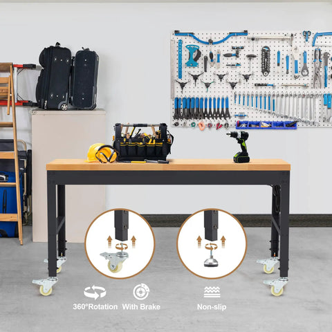 Height Adjustable Workbench With Wheels 60 Inch Solid Wood Top Heavy Duty Rolling Work Table Supports Up To 2000 Lbs For Garage Shop And Office Perfect For Projects Gardening Car Repair And More with tools and drill