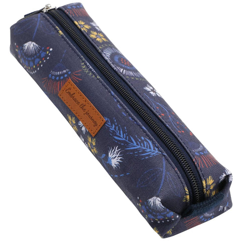 Everyday Carry Ready Multipurpose Canvas Pencil Case Pouch With Smooth Zipper Premium Materials And Neat Stitches Ideal For Stationery Cosmetics Electronics School Office Or Travel Embrace The Journey Message For Daily Motivation on navy canvas with floral design