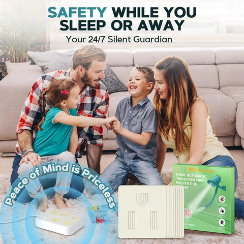 Family in living room with Nine Pack Automatic Fire Suppression Stickers For Electrical Outlets And Power Strips.