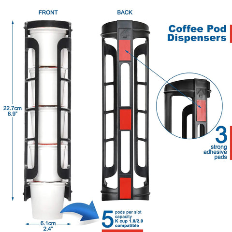Front and back view of K Cup Holder Organizer For Keurig Pods, Space Saving Countertop Mount, Expandable 5 Per Row Dispenser