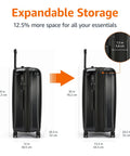 Front and side views of Amazon Basics 30-Inch hardside spinner luggage in black with expandable storage.