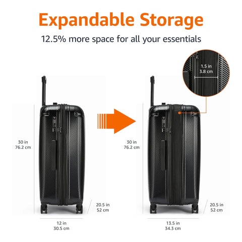 Front and side views of Amazon Basics 30-Inch hardside spinner luggage in black with expandable storage.