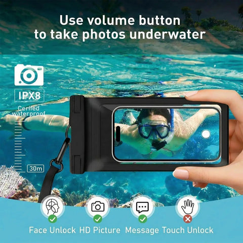 Waterproof Phone Pouch With Card Pocket For iPhone 17 16 15 Pro Max IPX8 Black showing underwater photography capability.