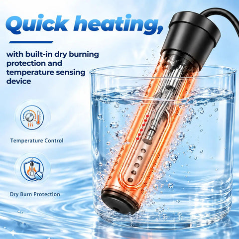 Portable Water Heater For Buckets And Tubs Featuring A Beefy 2000 Watt Immersion Design submerged in water with temperature controls.