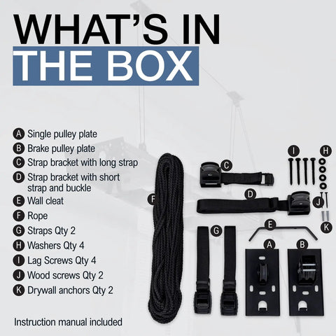 Ceiling Ladder Storage Pulley System For Garage Hoist parts and components including pulleys, ropes, straps, screws, and anchors.