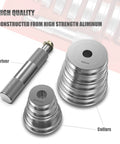 Bearing Race And Seal Bush Driver Set With Carrying Case Universal Kit For Automotive Wheel Bearings 10 Piece Includes 1 Driver And 9 Collar Discs For Precise Race And Seal Installation Pro Grade, showing aluminum driver and collars.