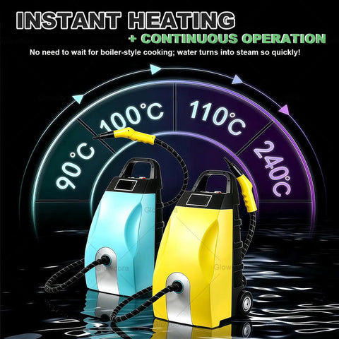 3000W Heavy Duty Steam Cleaner With Eight Fast Heating Tools For Deep Grease Removal On Grills Floors And Autos, two machines showing temperature indicators.