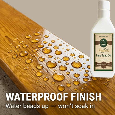 100 Percent Pure Tung Oil 12 Oz Natural Wood Finish For Furniture And Crafts Non Toxic Fast Drying Clear Sealant For Hardwood And Diy Projects Straight Fire Grade with water beads on wood surface.