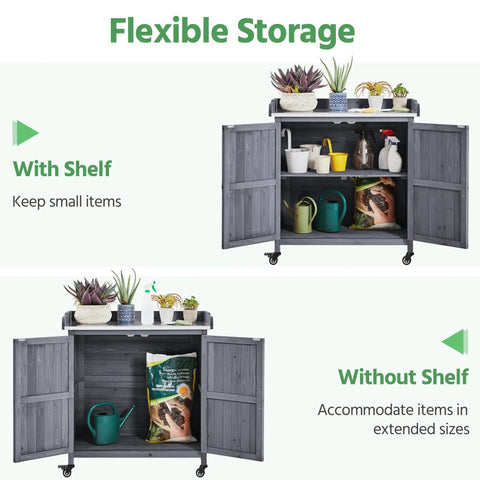 Mobile Outdoor Potting Bench Table With Castors On Wheels Solid Wood Workstation And Large Storage Cabinet Durable Metal Top Garden Station For Potting DIY Projects Flower Arranging And More Gray featuring flexible storage options, with open cabinet doors showing multiple gardening tools and pots.