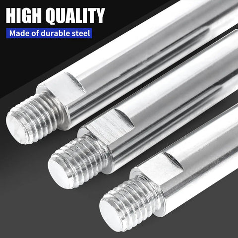 Close-up of steel rods from Universal Angle Grinder Attachments Kit With 5/8-11 Extension Rods Flange Nuts Clamping Blocks And Adjustable Spanner Wrench 12 Piece Set For DeWalt Milwaukee Makita Grinders Fast Change Upgrade For Safer More Efficient Grinding.