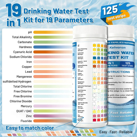 25 In 1 Drinking Water Test Kit Arrives With 155 Strips Plus 2 Bacteria Tests For Tackling pH Hardness Chlorine Lead Iron Copper Nitrate Nitrite Fluoride Sulfate Ammonia Phosphate With Hella Fast Dead Sure Home Results displayed with test strips and instructions.