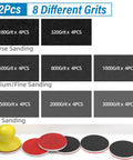 Image of 32-Piece 3-Inch Hook And Loop Sanding Sponge Discs Kit With 180 To 3000 Grit Wet Dry Pads showcasing all grits and sanding block.