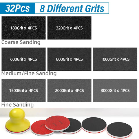 Image of 32-Piece 3-Inch Hook And Loop Sanding Sponge Discs Kit With 180 To 3000 Grit Wet Dry Pads showcasing all grits and sanding block.