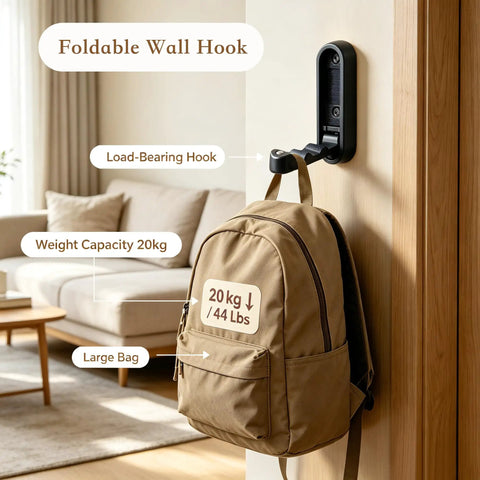 Tough As Nails Zinc Alloy Folding Wall Hooks Space Saver Flip Down Design For Coats Bags Hats And Keys Zero Clutter Vibe Six Pack With Gold White Black Options Built To Last Big Time. Black foldable wall hook supporting large backpack, with weight capacity of 20kg.