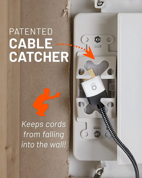 Wall Mounted TV Cord Hider With 2 AC Outlets And 2 USB A Ports Hide Cables Behind The Wall showing patented cable catcher.