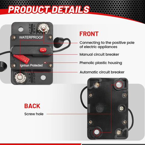 Beefy 20 Amp Manual Reset Circuit Breaker Holder For 12-48V DC Systems detailed front and back view.
