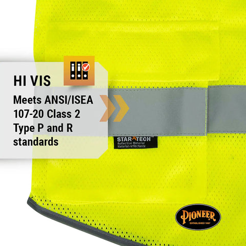 Mens High Visibility Safety Vest With Reflective Neon Mesh Zipper Features Nine Utility Pockets For Construction And Traffic Control Meets Ansi Class 2 Standards Breathable Mesh Hustle Ready Grind Proof Coverage 2X Large with ANSI standards displayed.