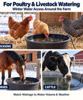 Heavy Duty Chicken Water Heater With Smart Thermostat For Livestock Troughs Submersible 500W Cast Aluminum Deicer in use with poultry, horses, and cattle.