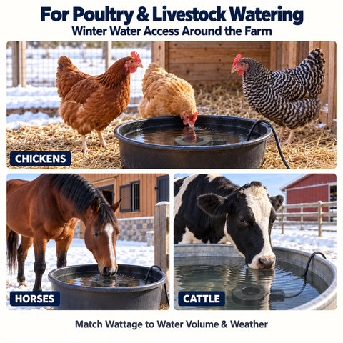 Heavy Duty Chicken Water Heater With Smart Thermostat For Livestock Troughs Submersible 500W Cast Aluminum Deicer in use with poultry, horses, and cattle.