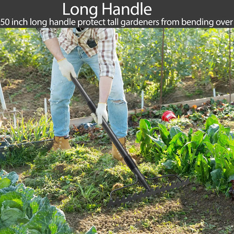 Heavy Duty Metal Garden Rake With 17 Prongs, 17 Inch Wide And 50 Inch Long Handle, Rustproof And Skidproof in use in a garden