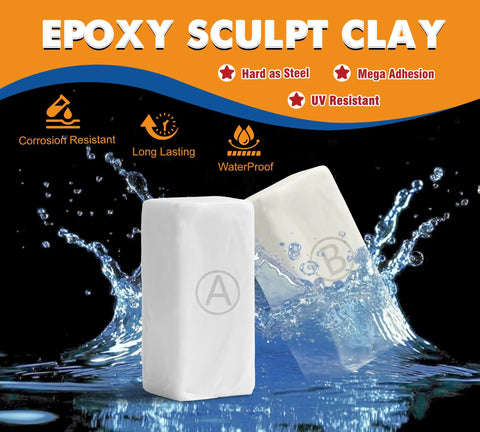 Heavy Duty Two Part Epoxy Pool Putty For Knockout Crack And Leak Plugging Underwater Or Above Concrete Fiberglass Tile Quick Cure Waterproof Patch, white epoxy blocks splashing in water.