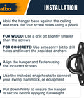 Installation instructions for 2650Lb Beefy Heavy Duty Ceiling Swing Hangers 2 Pack with Snap Carabiners, 304 Stainless Steel anchor.
