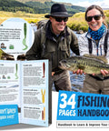Smiling anglers near a river holding a largemouth bass, with open fishing handbook showing tips, from Beast All In One Bass Lures Tackle Kit