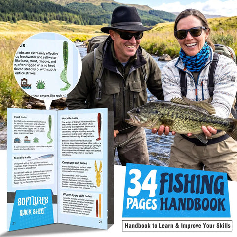 Smiling anglers near a river holding a largemouth bass, with open fishing handbook showing tips, from Beast All In One Bass Lures Tackle Kit