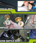 17 In 1 Survival Kit For Men And Outdoor Adventurers with tactical pen, compass, keychain screwdriver, water bottle clip in use